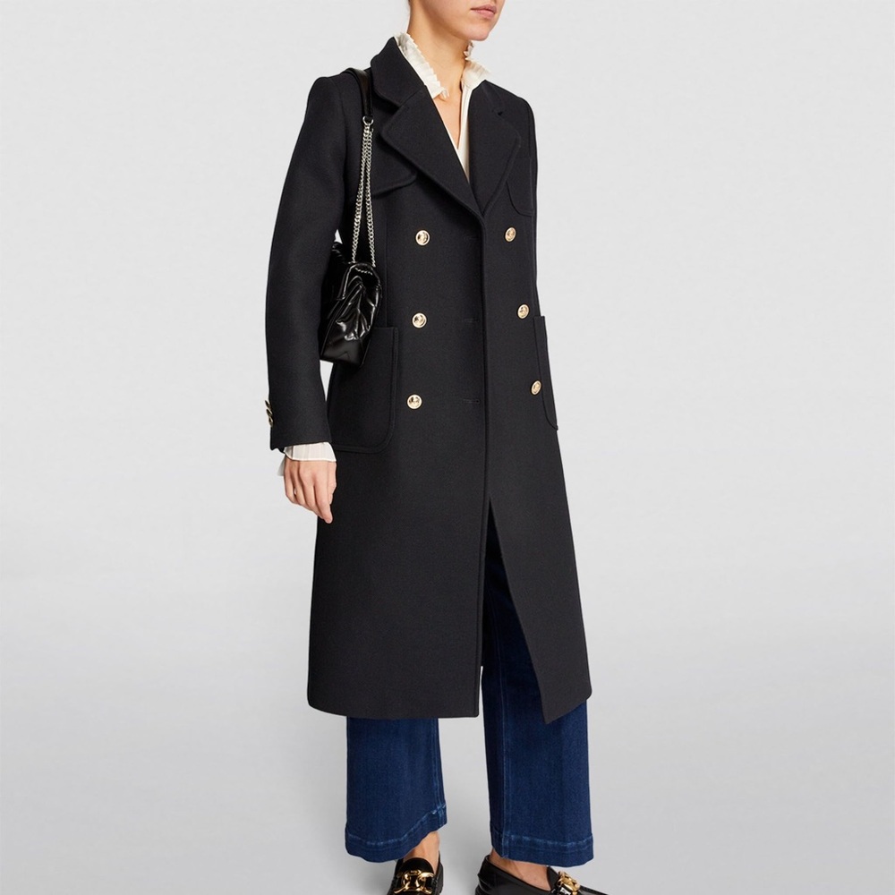 Sandro Black / Navy Long Wool Double Breasted Coat